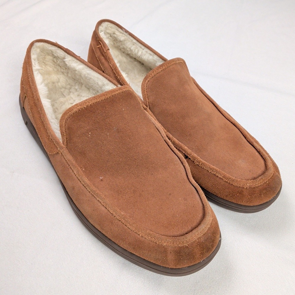 Vionic Gustavo Faux Fur Suede Slippers Mens 13 Brown Orthotic Loafers House Shoe